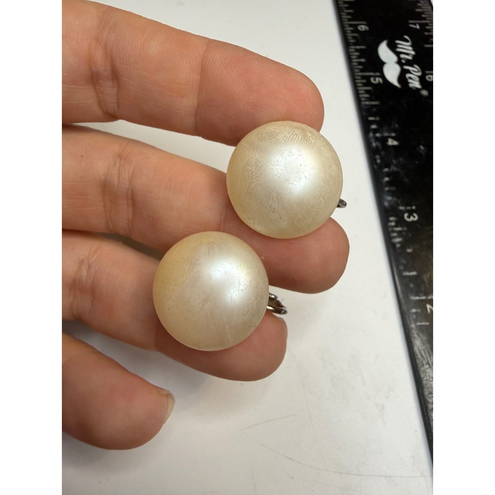 Vintage Cream Faux Pearl Button Earrings Screw Back Round Dome Non Pierced